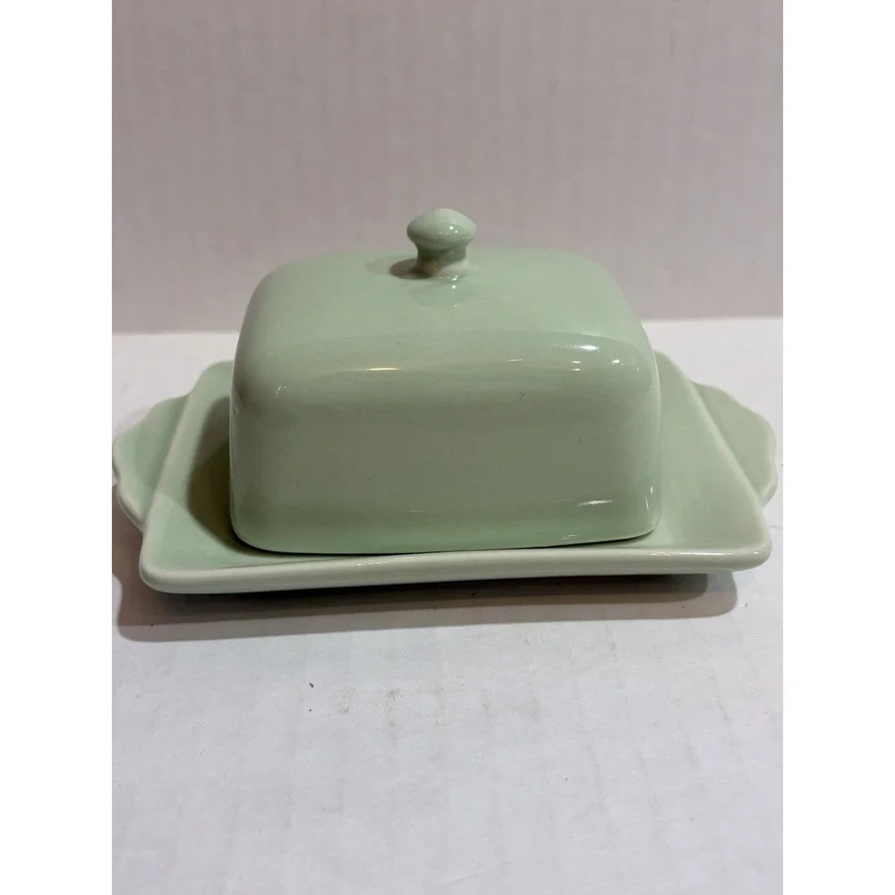 Biscuit Green Mini Ceramic Butter Dish w/ Lid Tray, Dishwasher/Microwave Safe
